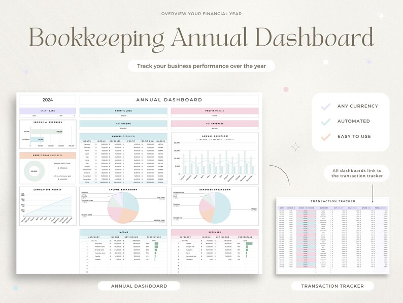 May include: A printable bookkeeping dashboard template for tracking business performance over the year. The dashboard includes charts, graphs, and tables for tracking income, expenses, and profit. The template is designed for use with any currency and is easy to use. The dashboard also includes a transaction tracker for recording individual transactions.