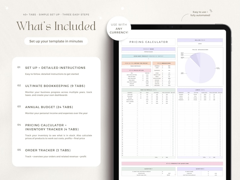May include: Digital spreadsheet template on a tablet, featuring sections for setup, bookkeeping, annual budget, pricing calculator, inventory tracking, and order tracking. The design is clean with pastel colour accents. Measurements are in cm.