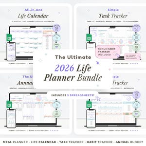 May include: The Ultimate 2026 Life Planner Bundle, featuring four digital planner templates. Each template is displayed on a laptop and a smartphone. The bundle includes a life calendar, task tracker, habit tracker, and annual budget. The design is clean with a white background.