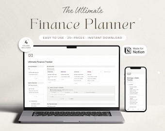 Puede incluir: Un portátil y un teléfono inteligente que muestran una plantilla de planificador financiero digital para Notion. La plantilla incluye secciones para el saldo actual, mis cuentas, la tarjeta de débito, las inversiones, los ahorros y los ingresos y gastos semanales. La plantilla está disponible en cuatro colores. El texto en la pantalla dice "Ultimate Finance Tracker" y "Savings + Debt Tracker".