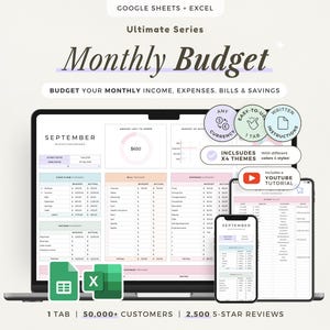 Puede incluir: Una plantilla de hoja de cálculo de presupuesto mensual digital para Google Sheets y Excel mostrada en una computadora portátil, tableta y teléfono inteligente. La interfaz presenta secciones en tonos pastel para ingresos, gastos, facturas y ahorros, con etiquetas como Monthly Budget, September y Budget Dashboard.