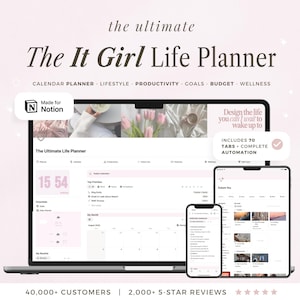 Può includere: Un'agenda digitale intitolata "The It Girl Life Planner" visualizzata su laptop, tablet e smartphone. L'agenda include funzioni di calendario, stile di vita, produttività, obiettivi, budget e benessere. L'immagine contiene il testo "Made for Notion".