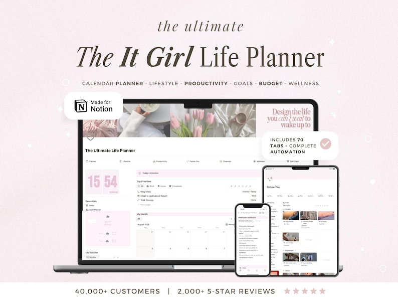 May include: A digital planner titled "The It Girl Life Planner" displayed on a laptop, tablet, and smartphone. The planner includes calendar, lifestyle, productivity, goals, budget, and wellness features. The image has text that says "Made for Notion".