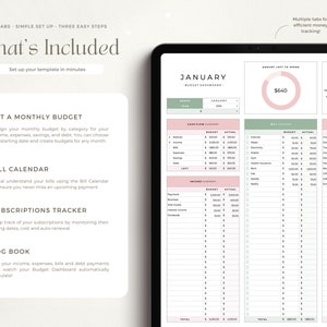 May include: A digital budget planner template with a pink and green color scheme. The template includes a monthly budget, bill calendar, subscriptions tracker, and log book. The template is designed to help users track their income, expenses, and savings.