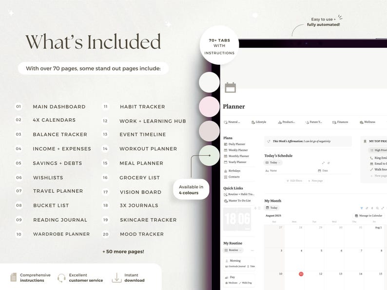 May include: Digital planner interface with a clean, minimalist design. The screen displays a calendar, to-do lists, and various planning tools. The text includes "What's Included" and a list of features like "Habit Tracker" and "Meal Planner."