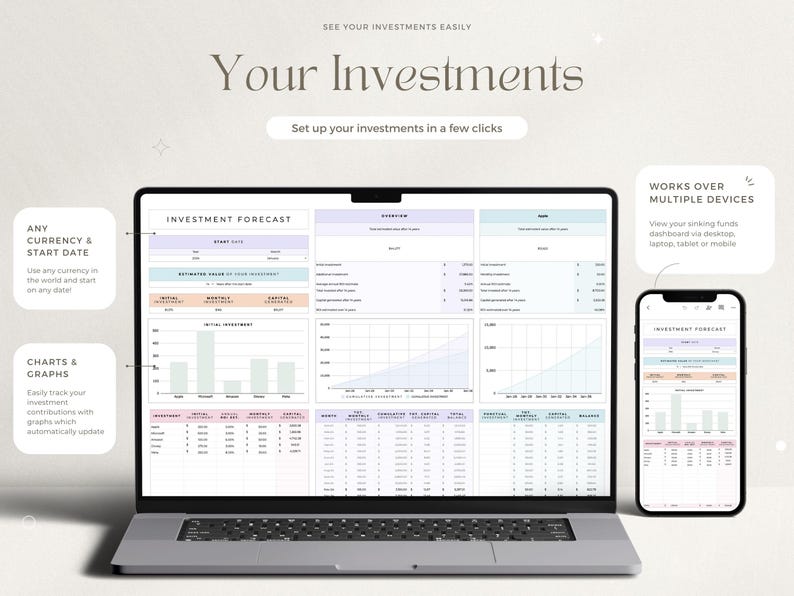 May include: A laptop computer displaying a spreadsheet with charts and graphs for tracking investments. The text on the screen reads "Investment Forecast". The laptop is on a white surface with a white background. The text "See your investments easily" and "Your Investments" is displayed above the laptop. The text "Set up your investments in a few clicks" is displayed below the laptop. The text "Works over multiple devices" is displayed on the right side of the image. The text "View your sinking funds dashboard via desktop, laptop, tablet or mobile" is displayed below the text "Works over multiple devices".
