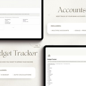 May include: A screenshot of a computer screen displaying a budget tracker app. The app features a white background with black text. The app is divided into two sections: "My Accounts" and "Budget Tracker". The "My Accounts" section presents a table with columns for account name, account balance, and account type. The "Budget Tracker" section displays a list of categories with a budget amount for each category. The app is fully automated.