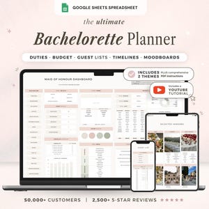 May include: A digital bachelorette planner for Google Sheets displayed on a laptop, tablet, and smartphone. The interface features a Maid of Honour dashboard, budget trackers, guest lists, timelines, and moodboards in a soft pink and white colour scheme.