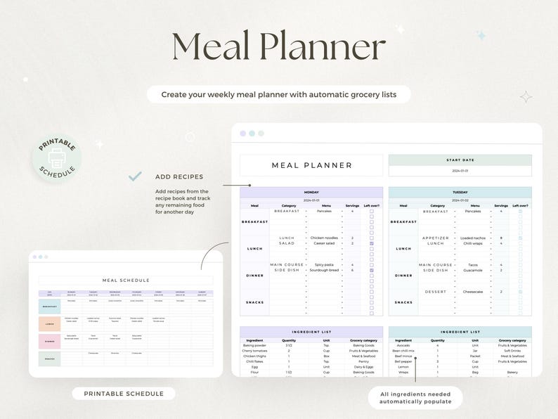 May include: A digital meal planner with a clean, minimalist design. The planner includes sections for meal scheduling, ingredient lists, and a printable schedule option. Text on the image reads "Meal Planner" and "Create your weekly meal planner with automatic grocery lists."