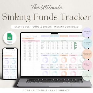 Pode incluir: Um computador portátil que exibe uma planilha do Google Sheets intitulada "Sinking Funds" com um design colorido. A planilha é um rastreador de orçamento com 13 potes de economia, um log de pagamentos e indicadores de status de progresso. O texto "The Ultimate Sinking Funds Tracker" é exibido acima do laptop.
