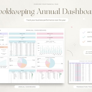 Puede incluir: Panel de control anual de contabilidad digital con gr&aacute;ficos y tablas. El panel incluye secciones para ingresos, gastos y objetivos financieros. El texto de la imagen incluye "Bookkeeping Annual Dashboard" y "Track your business performance over the year."