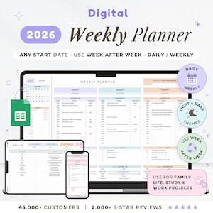 Könnte beinhalten: Digitaler Wochenplaner 2026, dargestellt auf Laptop, Tablet und Smartphone. Der Planer bietet ein übersichtliches Layout für die tägliche und wöchentliche Planung. Mit hellen und dunklen Themen, und kann Woche für Woche verwendet werden.