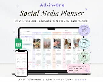 May include: A digital social media planner displayed on a laptop and smartphone. The planner includes content planning, calendar, feed preview, and task tracker features. The image also includes text that says "All-in-One Social Media Planner".