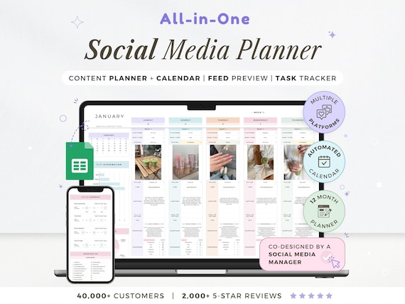 Social Media Content Planner Spreadsheet Monthly Content Calendar Digital Creators Post Scheduler Google Sheets Template Instagram TikTok