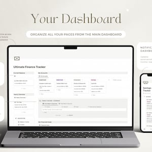 May include: A laptop computer screen displaying a finance tracker dashboard with the title "Ultimate Finance Tracker". The dashboard includes sections for current balance, accounts, yearly overview, weekly income and expenses, and financial goals. A smaller phone screen is visible in the lower right corner, displaying a "Savings + Debt Tracker" dashboard.