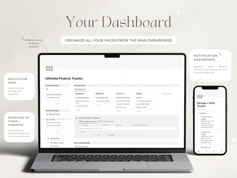 May include: A laptop computer screen displaying a finance tracker dashboard with the title "Ultimate Finance Tracker". The dashboard includes sections for current balance, accounts, yearly overview, weekly income and expenses, and financial goals. A smaller phone screen is visible in the lower right corner, displaying a "Savings + Debt Tracker" dashboard.