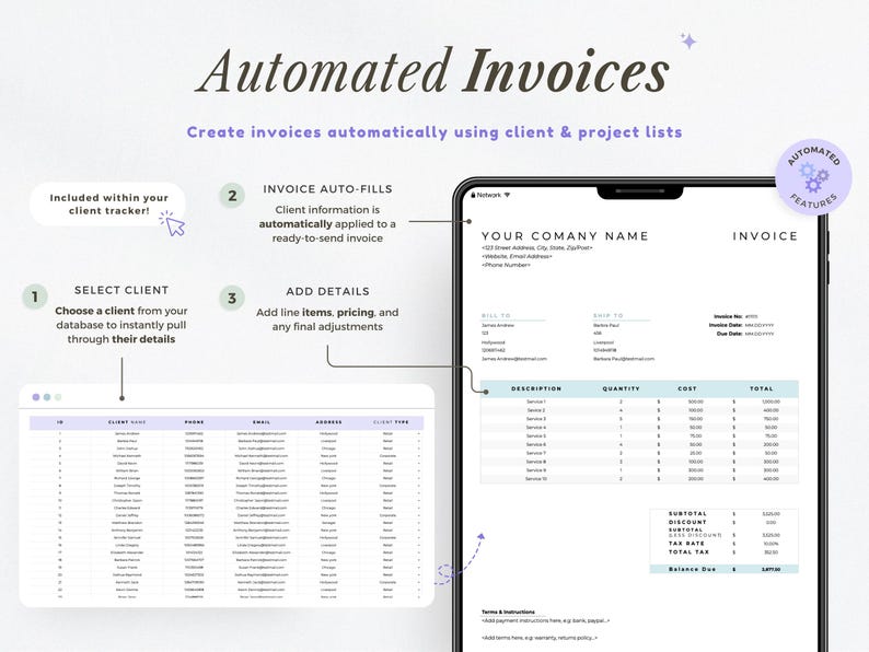 Op de afbeelding: Afbeelding die geautomatiseerde factuurcreatie laat zien. Het proces omvat het selecteren van een klant, het automatisch invullen van factuurgegevens en het toevoegen van items. De tekst "Automated Invoices" staat bovenaan, met een voorbeeld factuur op een tablet.
