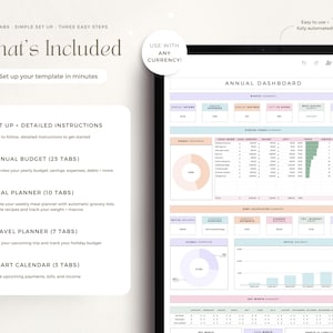 May include: A digital tablet displaying a budgeting template with a pastel color scheme. The template includes sections for annual budget, meal planner, travel planner, and smart calendar. The text "What's Included" is displayed at the top of the screen.