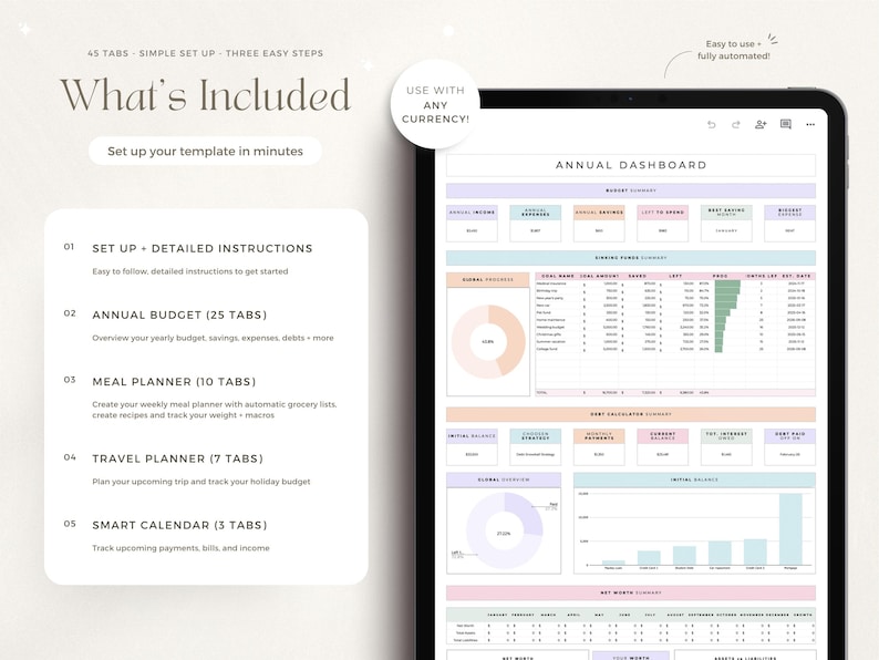 May include: A digital tablet displaying a budgeting template with a pastel color scheme. The template includes sections for annual budget, meal planner, travel planner, and smart calendar. The text "What's Included" is displayed at the top of the screen.
