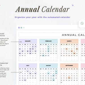 K&ouml;nnte beinhalten: Ein Jahreskalender-Design mit dem Titel "Annual Calendar" und dem Slogan "Organisieren Sie Ihr Jahr mit dem automatisierten Kalender". Der Kalender zeigt Monate mit automatisierten Daten und synchronisierten Monaten an.