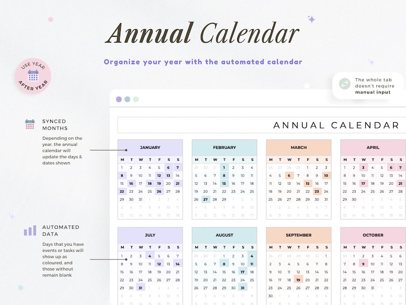 K&ouml;nnte beinhalten: Ein Jahreskalender-Design mit dem Titel "Annual Calendar" und dem Slogan "Organisieren Sie Ihr Jahr mit dem automatisierten Kalender". Der Kalender zeigt Monate mit automatisierten Daten und synchronisierten Monaten an.