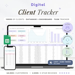 Pode incluir: Um rastreador de clientes digital exibido em um laptop e smartphone. A tela do laptop mostra um banco de dados de clientes com gráficos e dados. O smartphone exibe um painel de controle de rastreamento de tarefas. O texto inclui "Digital Client Tracker".