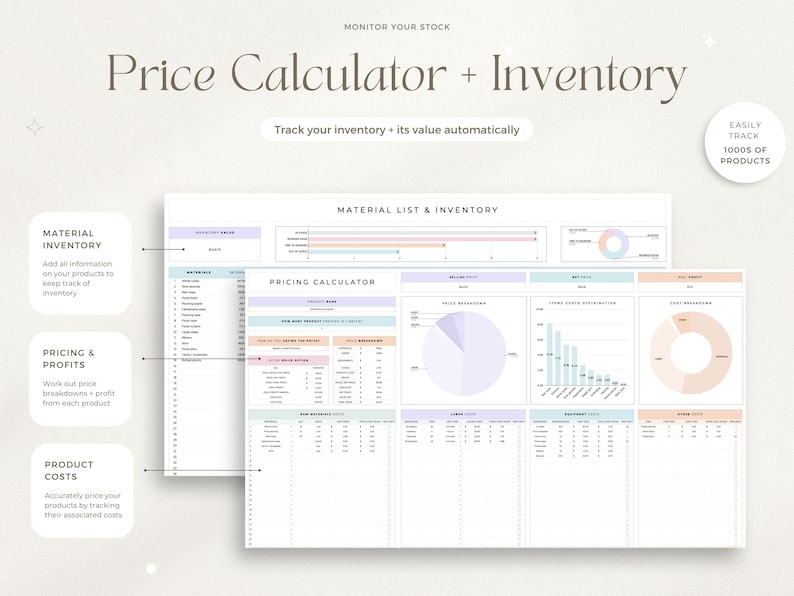 May include: A digital spreadsheet labelled "Price Calculator + Inventory" with pastel colour-coded sections. The spreadsheet includes sections for material inventory, pricing, and profit calculations. Text on the image says "Track your inventory + its value automatically."