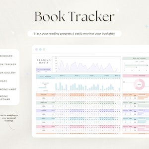 May include: A digital book tracker with a clean, minimalist design. The interface includes sections for reading habit tracking, a calendar, and a dashboard. The text "Book Tracker" is at the top, with the tagline "Track your reading progress & easily monitor your bookshelf."