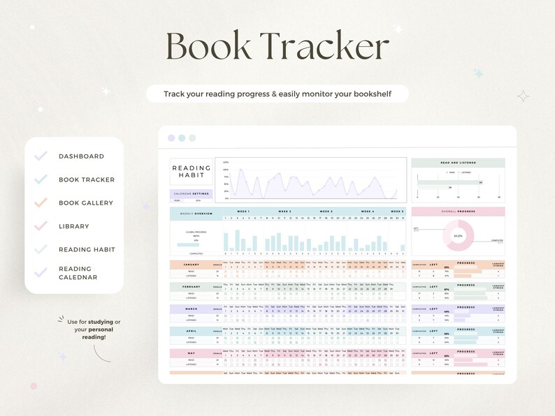 May include: A digital book tracker with a clean, minimalist design. The interface includes sections for reading habit tracking, a calendar, and a dashboard. The text "Book Tracker" is at the top, with the tagline "Track your reading progress & easily monitor your bookshelf."