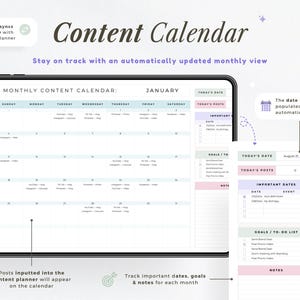 May include: Digital content calendar displayed on a tablet. The calendar is in a monthly view with sections for daily posts, important dates, goals, and notes. The text "Content Calendar" is at the top.