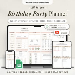 May include: An all-in-one birthday party planner Google Sheets spreadsheet displayed on a laptop, tablet, and smartphone. The interface features sections for budget, guest list, activities, decor, tasks, and moodboard with soft pink accents.