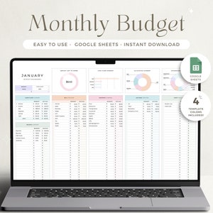 Pode incluir: Um ecrã de computador portátil que mostra um modelo de folha de cálculo do Google Sheets para um orçamento mensal. A folha de cálculo é intitulada "Janeiro" e inclui seções para rendimentos, despesas e um resumo do orçamento. A folha de cálculo é projetada com um esquema de cores pastel e inclui um gráfico circular.