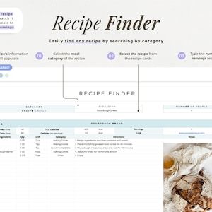 Puede incluir: Una interfaz digital Recipe Finder con un encabezado que dice Recipe Finder, seguido de campos para categor&iacute;a, elecci&oacute;n de receta y n&uacute;mero de personas. Debajo, una tabla muestra los ingredientes, tiempo de preparaci&oacute;n e instrucciones del pan.