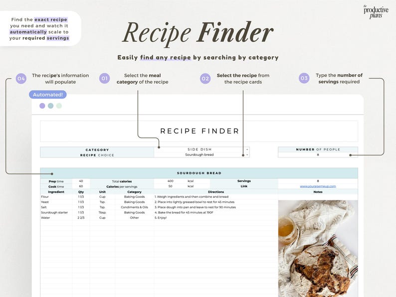 Puede incluir: Una interfaz digital Recipe Finder con un encabezado que dice Recipe Finder, seguido de campos para categor&iacute;a, elecci&oacute;n de receta y n&uacute;mero de personas. Debajo, una tabla muestra los ingredientes, tiempo de preparaci&oacute;n e instrucciones del pan.