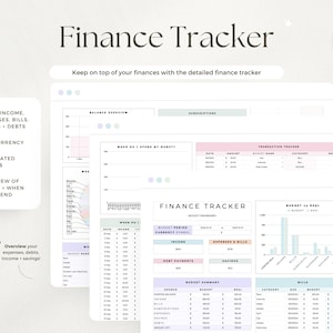 May include: Digital finance tracker with a clean, minimalist design. The interface displays income, expenses, bills, savings, and debts. Features automated graphs and supports any currency. The text "Finance Tracker" is at the top.