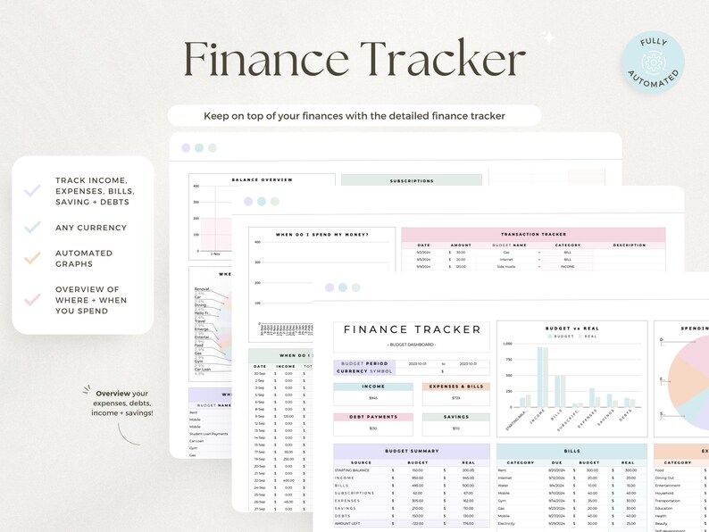 May include: Digital finance tracker with a clean, minimalist design. The interface displays income, expenses, bills, savings, and debts. Features automated graphs and supports any currency. The text "Finance Tracker" is at the top.