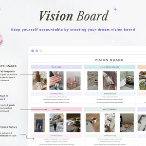 May include: A digital vision board template with sections for self-care, self-development, and healthy eating. The board includes space for affirmations, inspo images, and tracking goals. Text on the image reads "Vision Board" and "Keep yourself accountable."