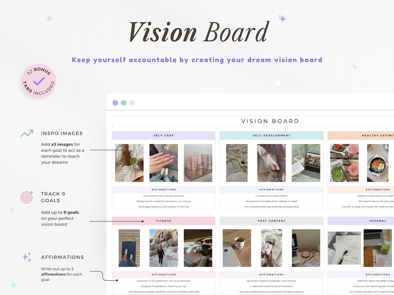 May include: A digital vision board template with sections for self-care, self-development, and healthy eating. The board includes space for affirmations, inspo images, and tracking goals. Text on the image reads "Vision Board" and "Keep yourself accountable."
