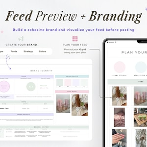 May include: A digital marketing graphic with the text "Feed Preview + Branding." The image shows a tablet and a laptop screen displaying brand identity and feed planning tools. The screens show logos, fonts, color palettes, and a feed grid.