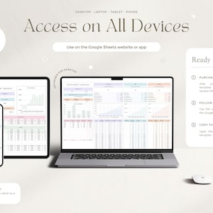 May include: A digital product mockup showing a Google Sheets template for personal finance tracking. The template is displayed on a laptop, tablet, and phone, demonstrating its accessibility across devices. The template includes sections for net worth, investment portfolio, and savings funds. The image also includes instructions on how to purchase, download, and use the template.