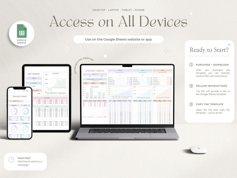 May include: A digital product mockup showing a Google Sheets template for personal finance tracking. The template is displayed on a laptop, tablet, and phone, demonstrating its accessibility across devices. The template includes sections for net worth, investment portfolio, and savings funds. The image also includes instructions on how to purchase, download, and use the template.
