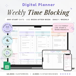 May include: Digital planner with "Weekly Time Blocking" displayed on a laptop, tablet, and phone. Features include "Any Start Date", "Use Week After Week", "Daily / Weekly", "Light & Dark Themes", and "Use for Family Life, Study & Work Projects".