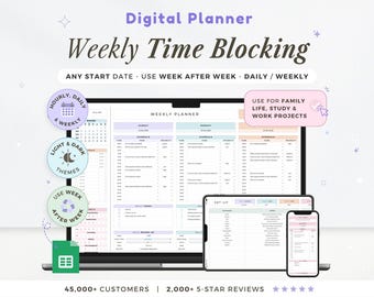 Digital Time Blocking Planner Spreadsheet Hourly Schedule Daily Planner Task Tracker Time Block Google Sheets Weekly Planner Template ADHD