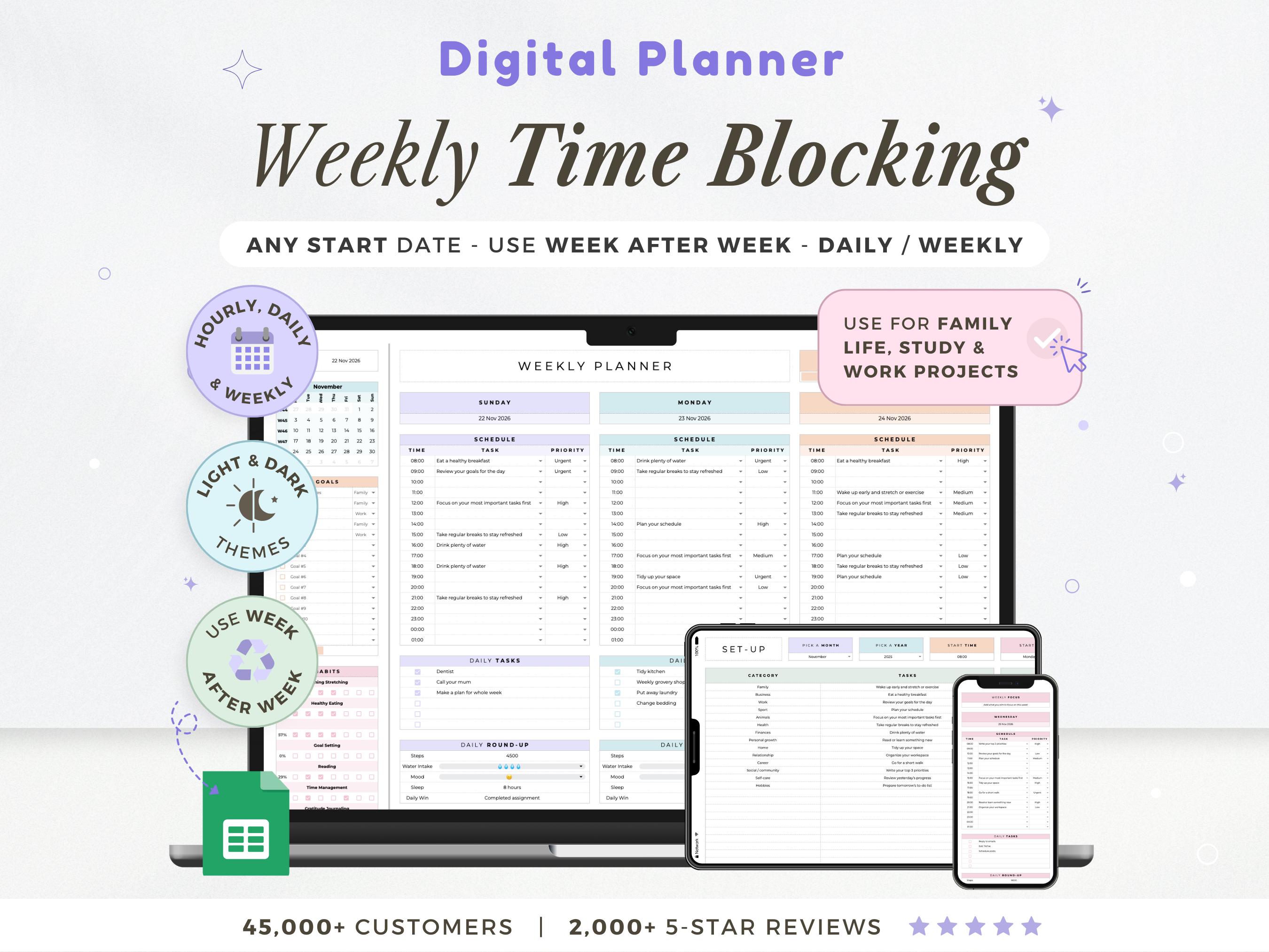 Digital Time Blocking Planner Spreadsheet Hourly Schedule Daily Planner ...