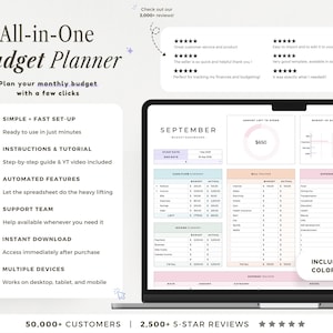 May include: An All-in-One Budget Planner digital spreadsheet displayed on a laptop screen. The interface features a September dashboard with cash flow, bill tracker, and expense summary sections. Text includes features like simple set-up, instructions, automated features, support, instant download, and compatibility across multiple devices.