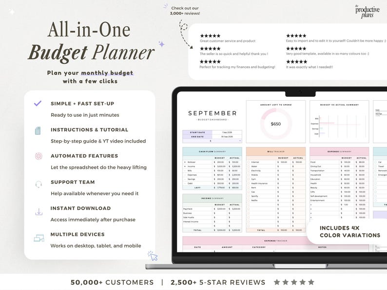 May include: An All-in-One Budget Planner digital spreadsheet displayed on a laptop screen. The interface features a September dashboard with cash flow, bill tracker, and expense summary sections. Text includes features like simple set-up, instructions, automated features, support, instant download, and compatibility across multiple devices.