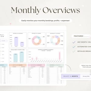 May include: A digital monthly overview template titled "Monthly Overviews". It displays charts and graphs for monitoring bookings, profits, and expenses. Features include any month, multi-year, automated charts and graphs, and a detailed breakdown.