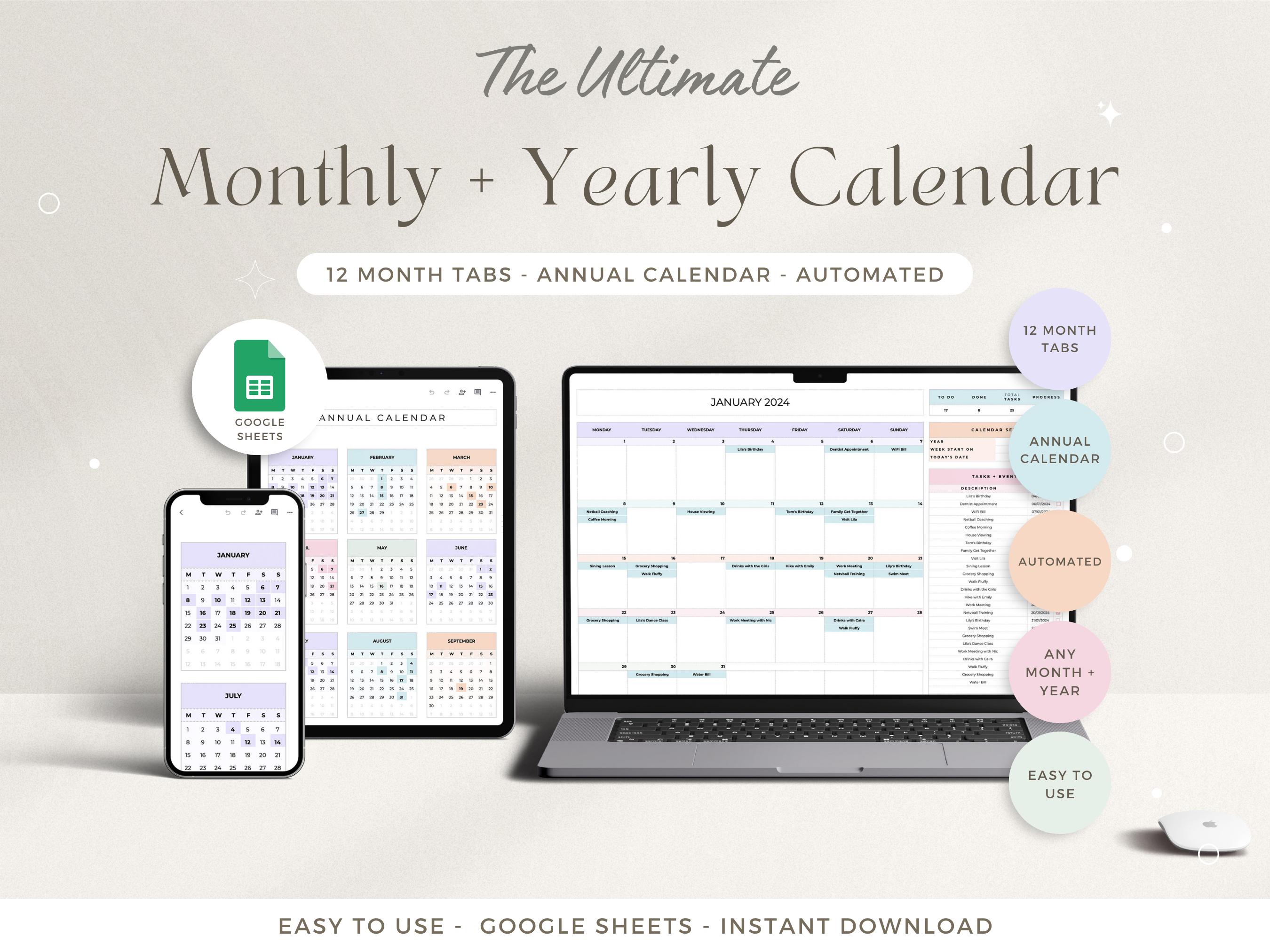 Monthly and Annual Calendar Spreadsheet Google Sheets Yearly Calendar Monthly Tracker Daily Schedule Weekly Calendar 2024 Spreadsheet 2025
