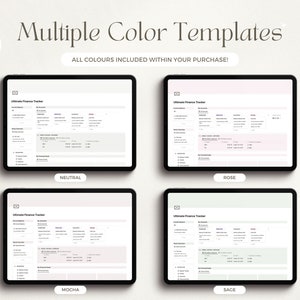 May include: Four digital templates for an Ultimate Finance Tracker in different colour schemes: neutral, mocha, rose, and sage. The templates are displayed on a tablet screen.