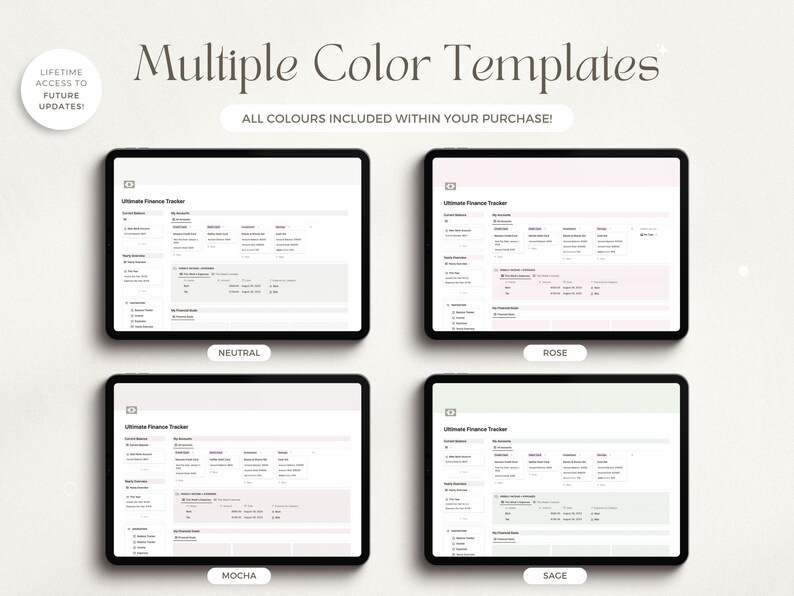 May include: Four digital templates for an Ultimate Finance Tracker in different colour schemes: neutral, mocha, rose, and sage. The templates are displayed on a tablet screen.